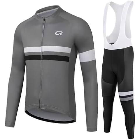 CR Winter Men's Cycling Jersey Long Sleeves Thermal Fleece Bike Jersey + Bib Pants, Winter Cycling Kit Clothing Set for Men (Grey, M) Cover
