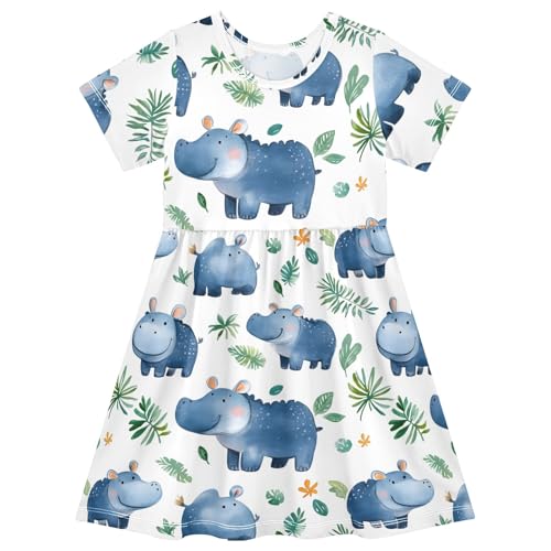 Cute Hippo Leaves Toddler Dress Girls Summer Short Sleeve T-Shirt Dress Casual Outfit