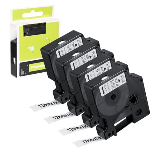 LUOJINYI 4x Etikettenband Kompatibel mit Dynmo D1 12mmx7m Schwarz auf Weiß Selbstklebendes Schriftband Ersatz für Dymo 45013 für LabelManager 160 280 210D 420p LabelWriter 450 Duo