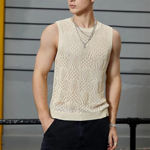 Men Beach Tops Knitted Hollowed Out Vest Crew Neck Sleeveless Clothes Vest3