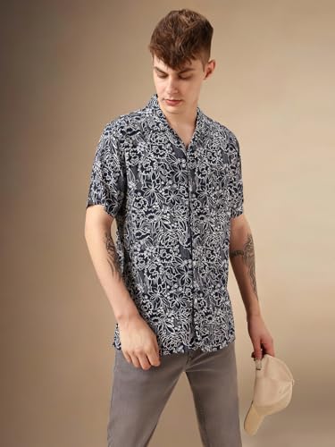 Image of Dennis Lingo Men Navy Blue Rayon Half Sleeve Cuban Collar AOP Shirts