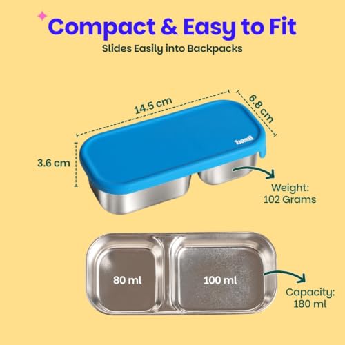 Image of Basil Stainless Steel 2 Compartment Pickle & Dip Container | Chutney Box for Tiffin | Leak Proof Container with Food Grade Silicone Lid | Dip Box for Ketchup & Sauces | School & Office - Blue
