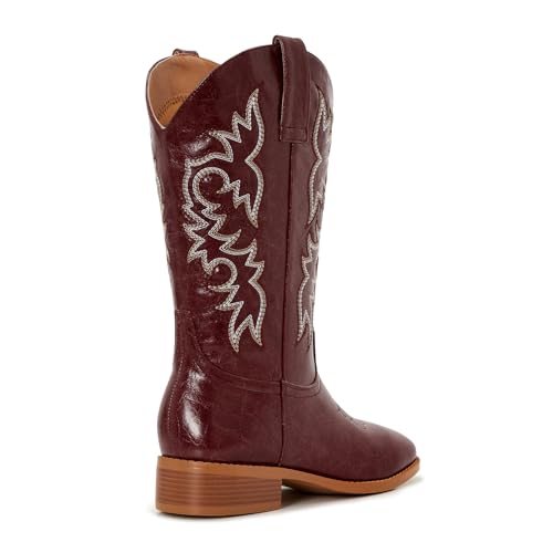 Image of Cowgirl Boots Square Toe Cowboy Boots For Women Ladies Mid Calf Low Heel Flat