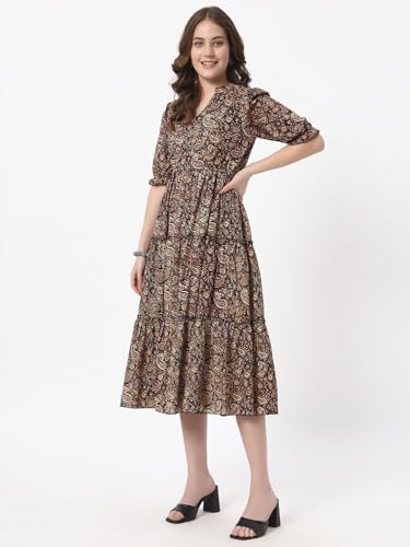 Image of Women's Fit and Flare Dress I Pure Cotton Long Summer Maxi Dress I V-Neck I Casual Wear I Printed Kalamkari Floral Middi
