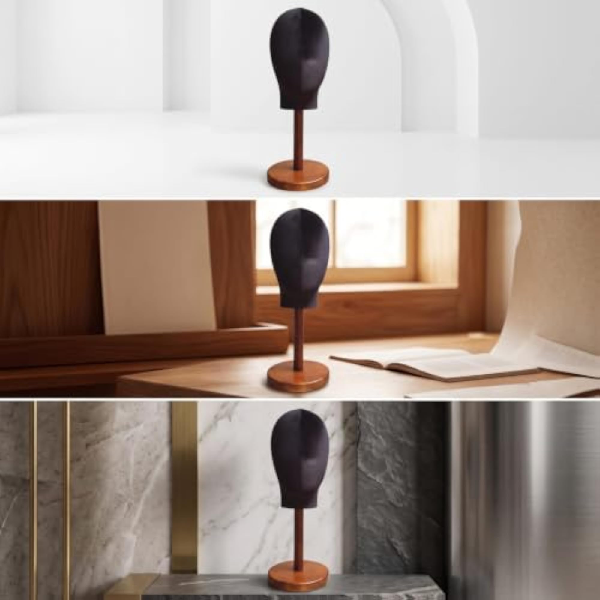 Velvet-Covered Hairpiece Head with Wooden Base