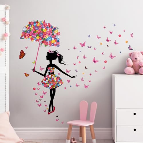 Tanlaby Flower Fairy Wall Stickers, Girl with Umbrella Colorful Butterfly Floral Wall Decals - Image 3