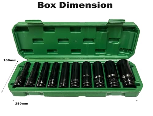 Image of Inditrust 10 Pieces 1 /2-Inch Square Drive 78mm Deep Impact Socket Hex Set, 6-Point Standard Metric Sizes CR-V Steel 8mm to 24mm (10 in 1 impact socket set)