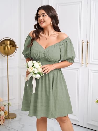 Image of SCOMCHIC Womens Plus Size Summer Dresses Casual Sun Dress Sweetheart V Neck Puff Short Sleeve Smocked A Line Mini Dress