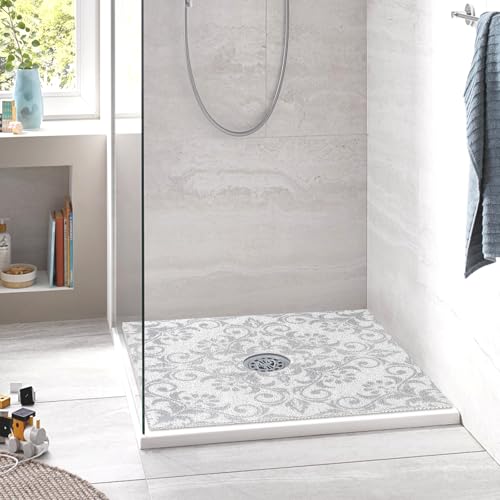 Image of Square Shower Mat Non Slip: 27 x 27 Inch Large Shower Mats with Drain Hole in Middle - PVC Loofah Anti Slip Shower Floor Matt for Inside Shower