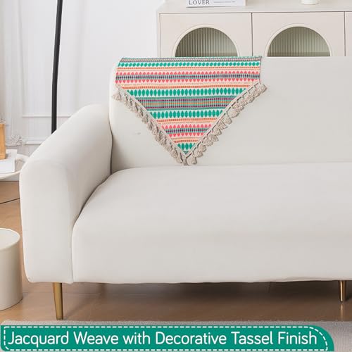 Image of HOKIPO 'Artisan Boho Series' Sofa Backrest Cover with Tassel | 450 GSM Thick Cotton Acrylic Jacquard Fabric Backrest Mat, Size 55x80 cm, Mint Green (IN-900-A7)