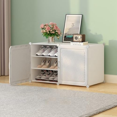 Image of Plastic Shoe Rack for Home with Door | 9-Shelf DIY Shoe Cabinet Organiser | Stores 18 Pairs | Foldable & Waterproof Shoe Stand for Entryway, Bedroom (White-HV1, 9-Layer)
