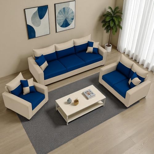 Image of FURNY Arissa 6 Seater Fabric 3+2+1 Sofa Set (Light Grey-Blue) Premium Velvet Finish | Durable Comfort | Ideal for Living Room