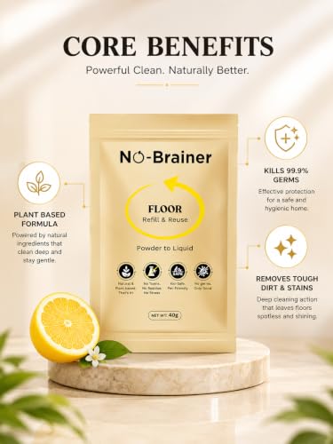 Image of No Brainer Floor Cleaner Value Pack, Plant-Based & Natural | Powder-to-Liquid, 5 Pouches Make 5 Litres, Citrus | For Marble, Tiles & Wooden Floors | Eco-Friendly, No Residue, Baby & Pet Safe