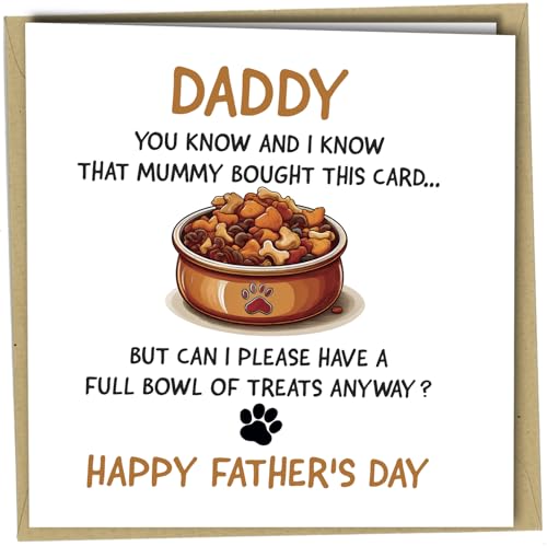 Oscar Finks Funny Dog Fathers Day Card from the Dog with Treats in Bowl Design 350gsm Card with Envelope Blank Inside Joke Cute Pet Paw Bowl Humour Animal Lover #1851