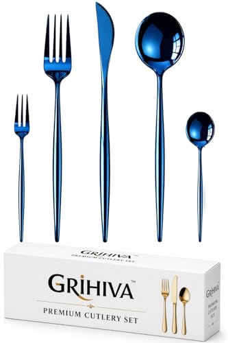Image of 5 Pcs Blue Cutlery Set for Dining Table the Perfect Lightweight Silim Handle Tableware Including Dinner Spoon, Dinner Fork, Dinner Knife, Dessert Spoon & Dessert Fork