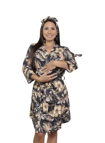 MOMMY O CLOCK Mommy Robe for Maternity and Baby Swaddle Blanket, Milk Silk Matching Delivery Robe and Swaddling Wrap for Mom and Baby (Golden Leaves, S/M (0-12))