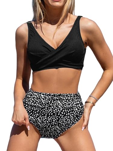 CUPSHE Conjunto de bikini para mujer, cuello en V, aspecto cruzado, cintura alta, traje de baño de dos piezas, Negro/lunares, S