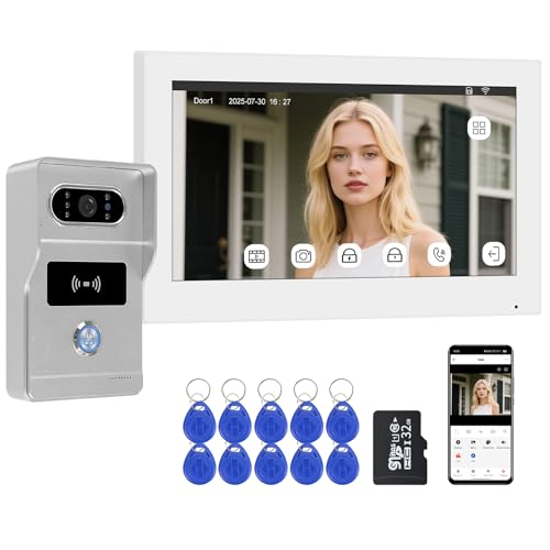 QttyElok Videoportero 2 Hilos HD 1080P Tuya WiFi Sistema de Intercomunicación de Vídeo, Cámara y Monitor Táctil a Color, Visión Nocturna, Desbloqueo con Tarjeta RFID/APP (Plata + Blanco)