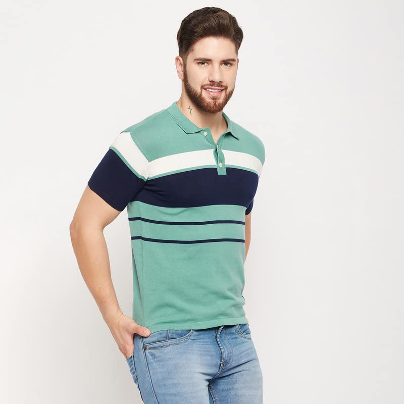 Image of Cantabil Men Teal Cotton Polo Neck Half Sleeve Striped T-Shirt (P MTSH00279 Teal)