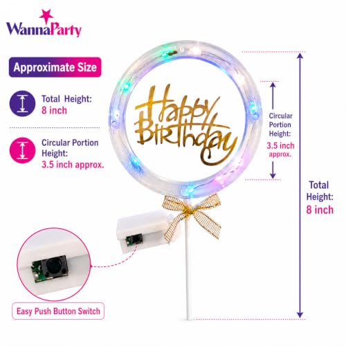 Image of Wanna Party Happy Birthday LED Cake Topper, Transparent Round Cake Decoration with Gold Text, Built-In Light String & Bow for Birthday Party, Cakes,...