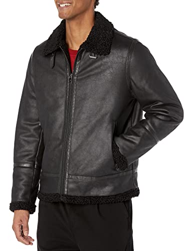 Calvin Klein Men's Faux Leather Jacket Men - Bomber Jacket With Shearling Lining, Black, Small