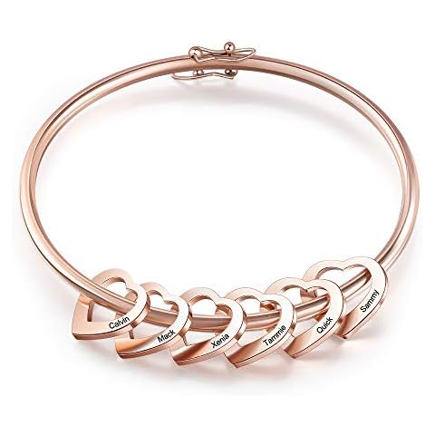 Personalized Inspirational Women Bracelet Bangle Hearts Charms Engraved Names Mother Daughter Jewelry Gifts (Rose Gold, 6 Charms) Cover