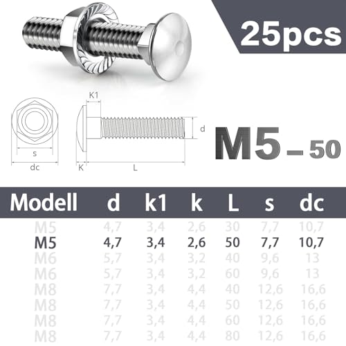 SWTYExt 25 Stück Schlossschrauben M5X50mm Schloßschrauben Flachkopfschrauben mit Flanschmuttern M5 Mutter DIN 6923 Torbandschrauben für Industriemaschinen Heimdekoration Bauwesen
