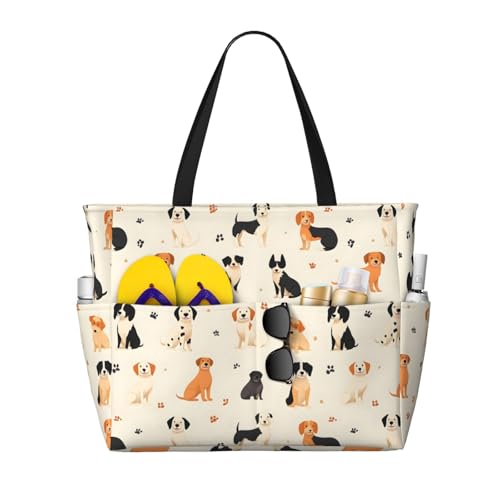 Large Beach Bags for Women Sandproof - Dog Cute Paw Print Summer Work Travel Tote Bags with Zipper