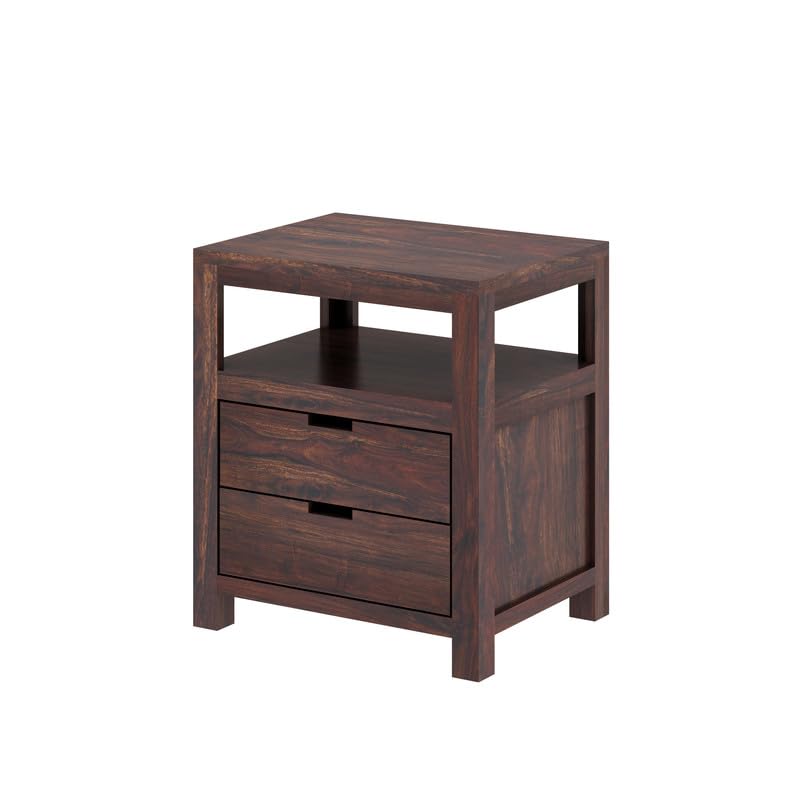 Image of Solid Sheesham Wood Bedside Table with 2 Drawer & 1 Open Shelf Storage for Bedroom, End Table, Side Table for Living Room Home (Walnut Finish)