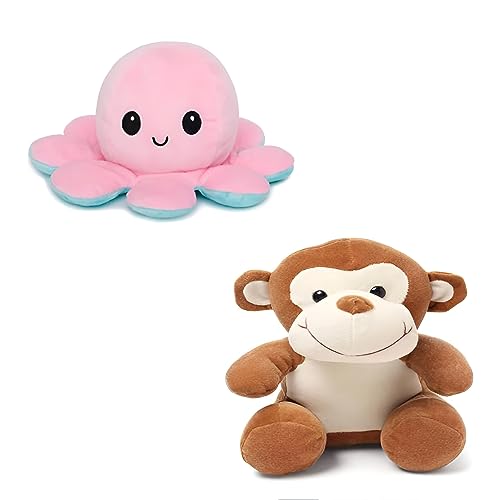 Image of Babique Octopus Sitting Plush Soft Toy Cute Kids Animal Home Decor Boys /Girls (17 cm) + Plush Soft Toy Cute Kids Animal Home Decor Boys /Girls /Baby (28 cm, Monkey) - (Set of 2 Toys)