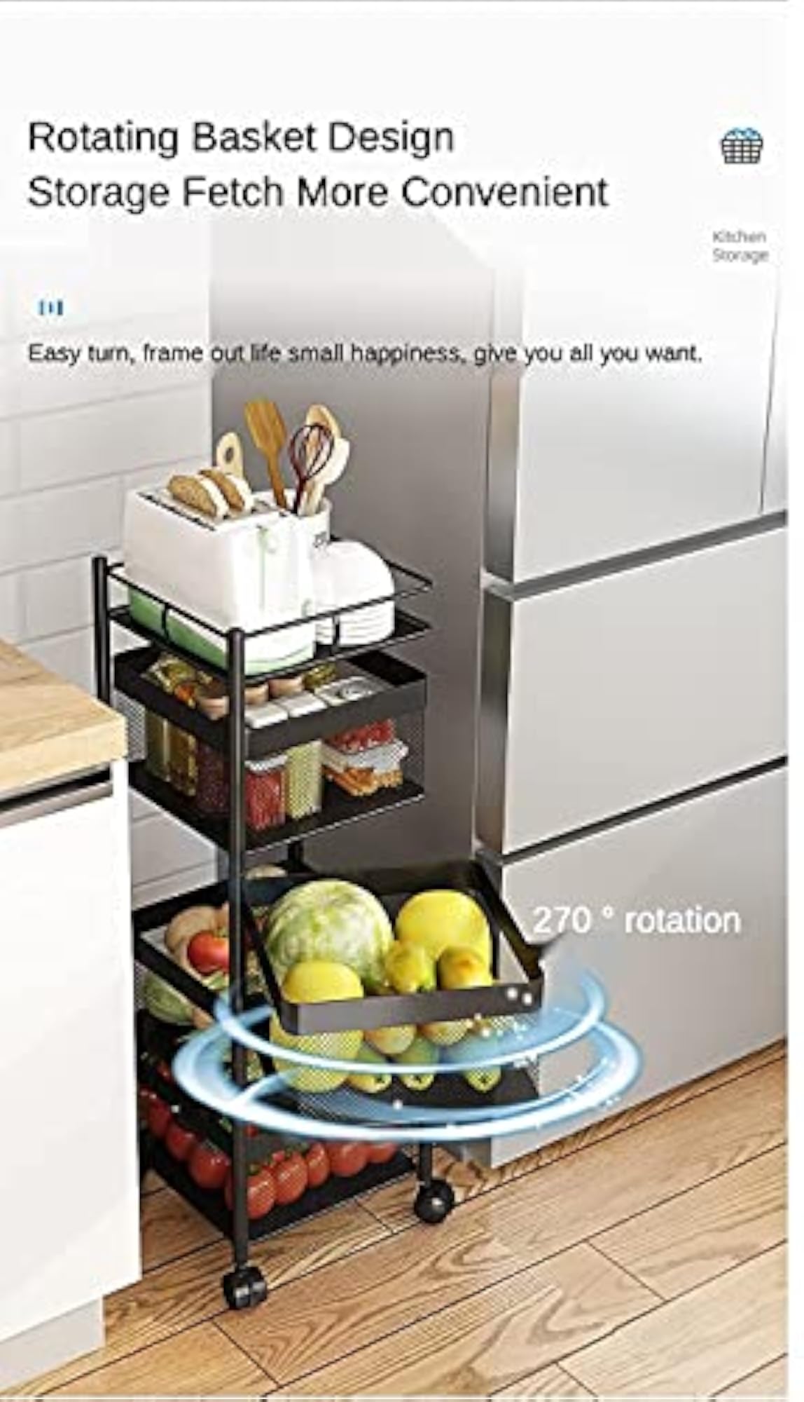 Kitchen Rotating Trolley Portable Storage Rack