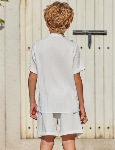 Image of Arshiner Boy's 2 Piece Beach Outfit Short Sleeve Textured Button Down Shirt and Short Sets Summer Vacation Wear 4-12 Years