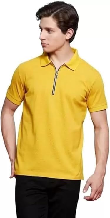 Image of Solid Polo T-Shirt Zip Collar Cotton Blend Half Sleeves for Men's