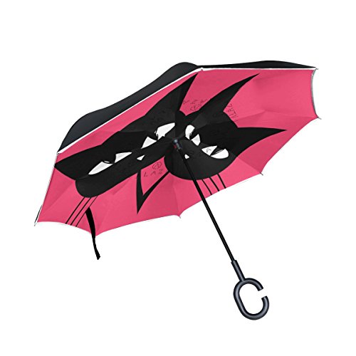 Preisvergleich Produktbild isaoa Große Schirm Regenschirm Winddicht Doppelschichtige Konstruktion seitenverkehrt Faltbarer Regenschirm für Auto Regen Außeneinsatz, C-förmigem Henkel Regenschirm Sweety Katze pink