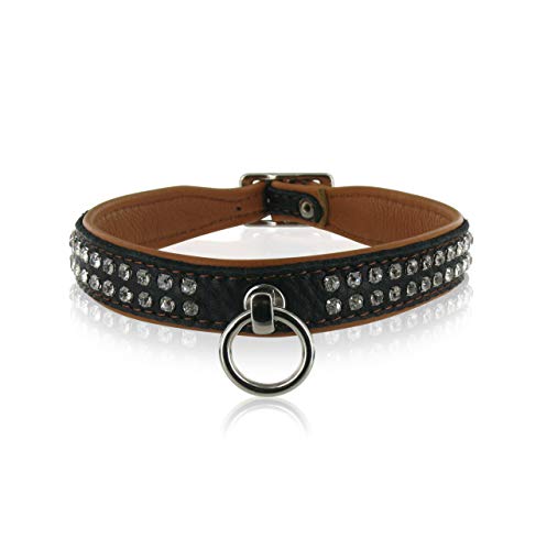 SiaLinda: Halsband Elch Leder mit Strass braun schwarz, gr. O-Ring, 20 mm breit