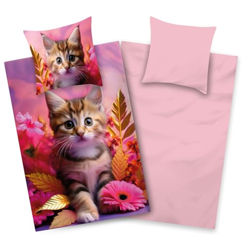 Aminata kids Bettwäsche Katze 135x200 Mädchen | Wende-Kinder-Bettwäsche-Set Katzen-Motiv | 100% Baumwolle | YKK Reißverschluss pink