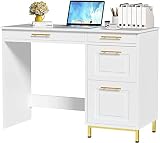 4ever2buy White Desk with 4 Drawers, 43” White and Gold Desk with Base & Handles, Writing Desk for Small Spaces, Small Computer Desk for Bedroom