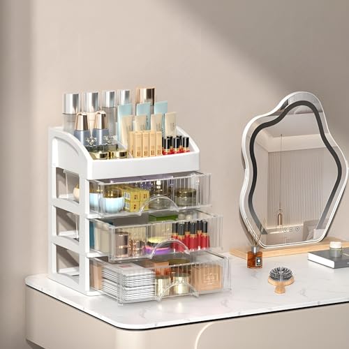 Image of HoopVool Desk Makeup Organizer, Plastic Storage Box with Sliding Drawer, Stylish Display Case for Cosmetics, Lotion, Nail Polish,Brushes,and Jewelry (1 White, 3 - Layer)