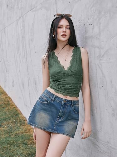 CIDER Lace Crop Tank Tops for Women Summer V Neck Sleeveless Going Out Tops Ruched Sexy Tee Trendy T Shirts Casual2