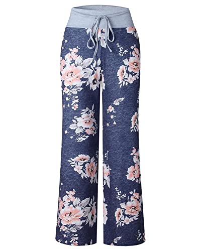 Jingcheng Women's Comfy Pajama Pants Floral Print Drawstring Palazzo Lounge Wide Leg Pants（K052-Blue，Large） #TOP2