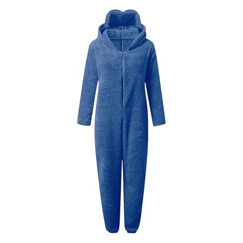 Duohropke Pijama de felpa para mujer con máscara integrada de forro polar, elegante mono de una pieza, mono, mullido, tallas grandes, cremallera, traje de casa, antifaz para el hogar, azul, L