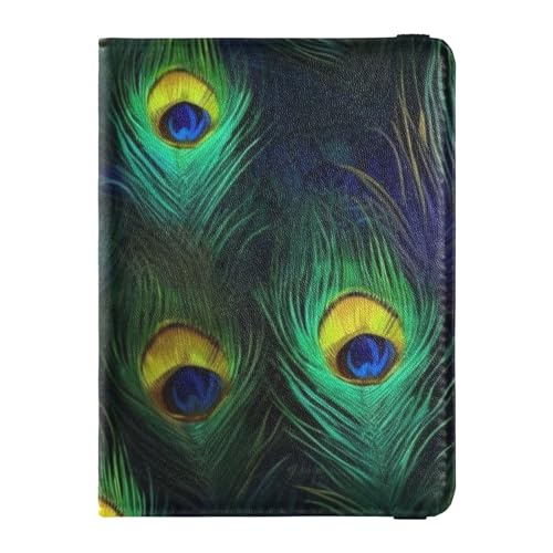 Delicato porta passaporto e carta di vaccino pelle con piume di pavone blu e verde combinato con slot per carte di vaccinazione per donne e uomini portafoglio per di