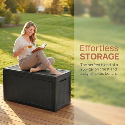 Image of 265 Gallon Resin Deck Box Outdoor Storage Chest, Large Waterproof Patio Storage Box, All-Weather Garden Storage Container for Cushions, Pool Supplies, Yard Tools - Easy Assembly, Lockable Lid