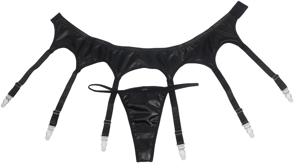 comeondear Women Black Garter Belts for Thigh Highs Plus Size Suspender Belt with 6 Straps Adjustable PU Garter Belt