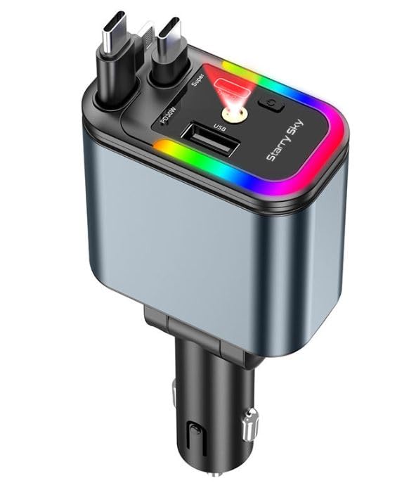RGV Letest Upgrade Edition 5 in 1 Retractable Car Charger LED Starlight Headliner PD 180W Dual Fast Charging Type C for iPhone Android (Grey)-image-6