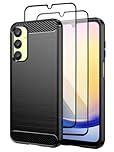 Teayoha for Samsung Galaxy A25 5G Phone Case, with Tempered Glass Screen Protector [2 Pack], Carbon Fiber Scratch Resistant, Shock Absorption Soft TPU Drawing Protective Cases Phone Cover - Black