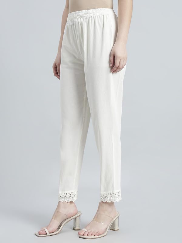 Image of GO COLORS Soft Cotton Lace Pencil Pant Full Length for Women| Mid-Rise, Breathable