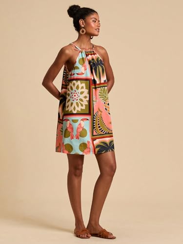 Image of KATECLO Women's Summer Halter Neck Printed Mini Dress - Casual Loose Fit Sleeveless Boho Beach Dress, Lightweight Vacation Sundress for Women