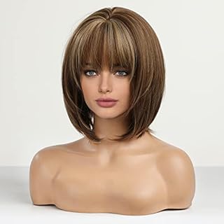 باروكات بقصة بوب بني مع غرة، شعر مستعار قصير بلون بني وأشقر للنساء، شعر مستعار صناعي من الألياف المقاومة للحرارة من إيه سي إف