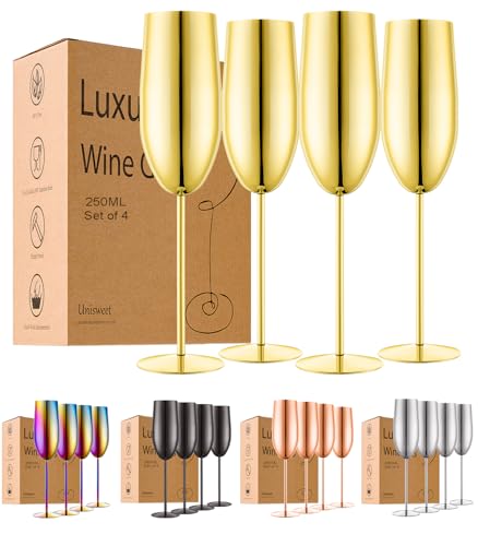 UNISWEET Stainless Steel Champagne Flutes Set of 4-Wedding &Birthday Gifts 8.5 Oz Unbreakable Champagne Glass with Long Stem Reusable Indoor Outdoor Drinkware (Gold)